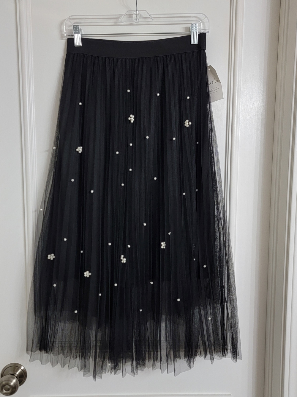 NEW Womens Black Tulle Mesh Maxi Skirt Pearl Embellishments Whimsy Goth Fairy M